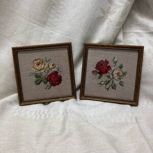 Vintage Pair of Floral Needlepoints